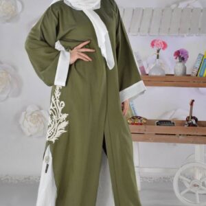 NAW19 Nawaem Abaya Set green white linen