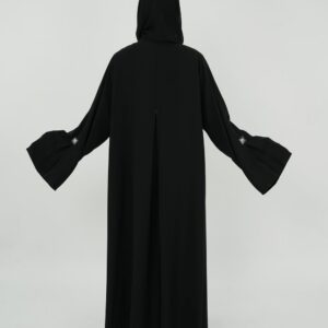 Bedoon Essm Godet Abaya Set Black and White badges