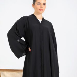 Bedoon Essm Godet Abaya with black and white Charms