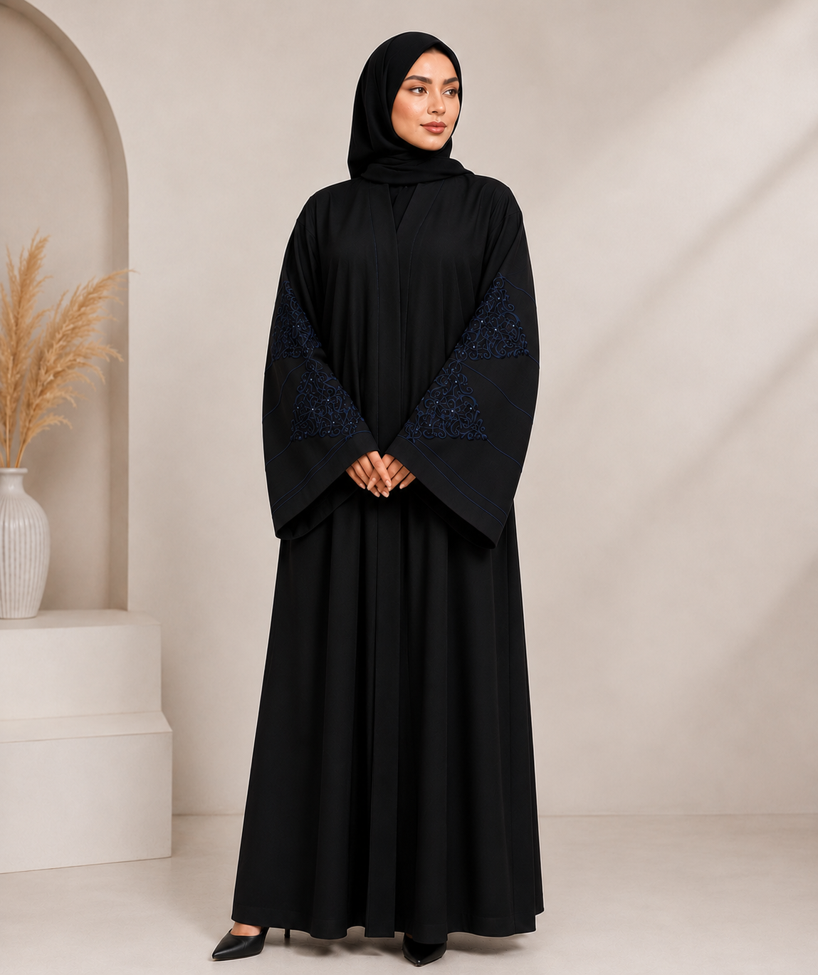 Bedoon Essm Black Abaya Set with Navy Blue Embroidery