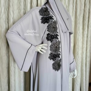 Grey abaya set black lace and beadwork 58
