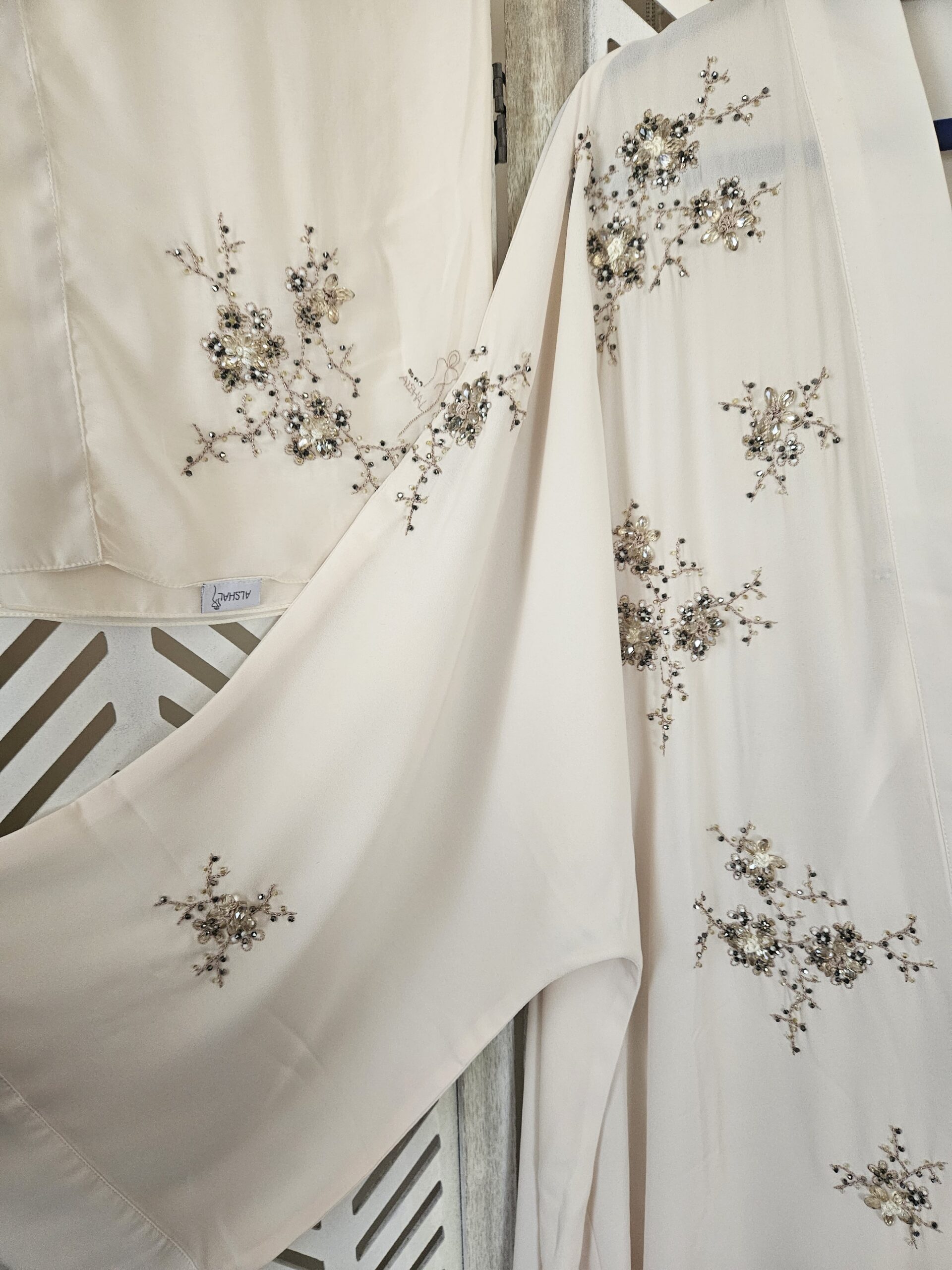 Al Shal Cream Wrap Abaya Embellished Details - Image 2