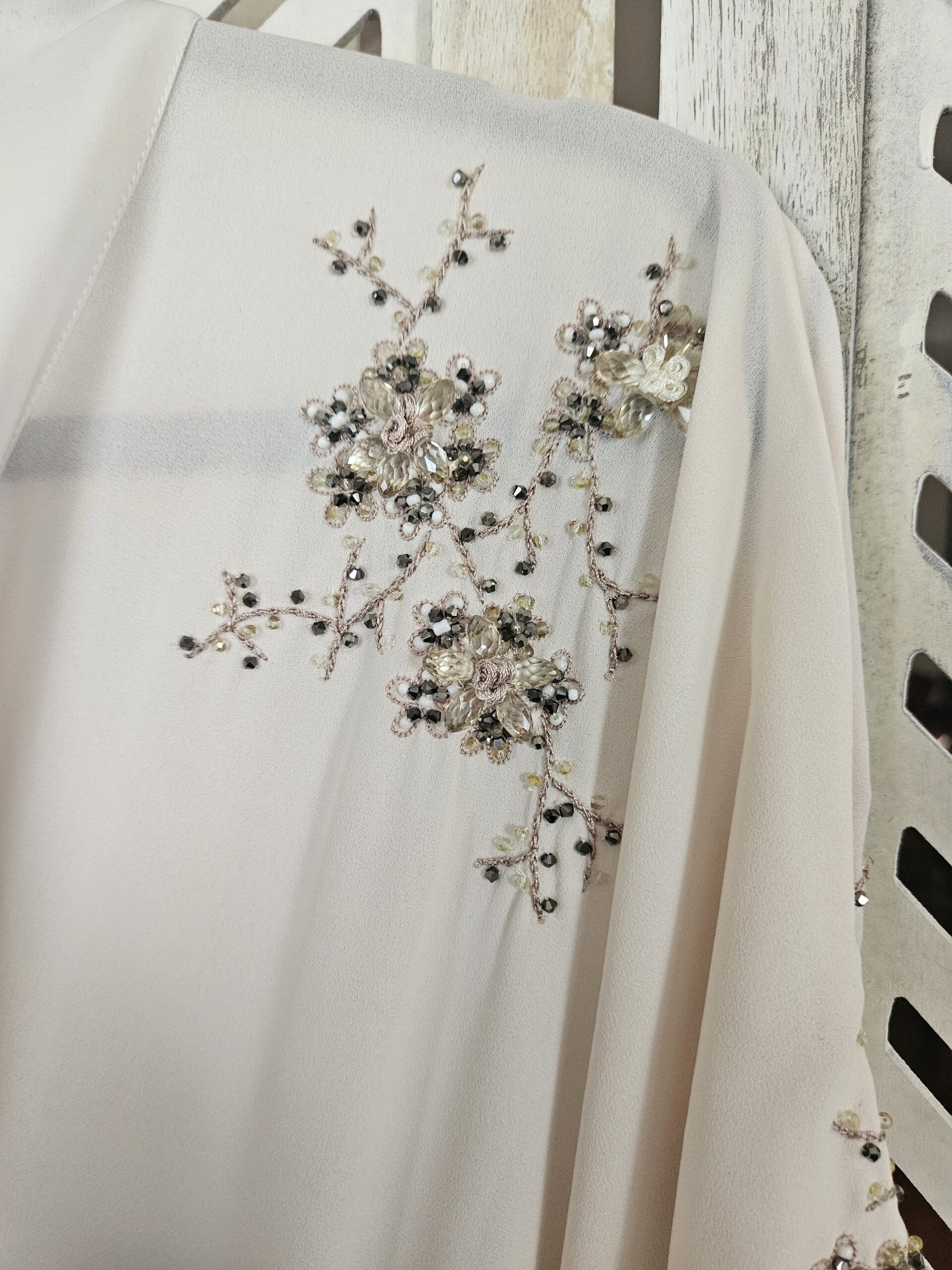 Al Shal Cream Wrap Abaya Embellished Details - Image 7